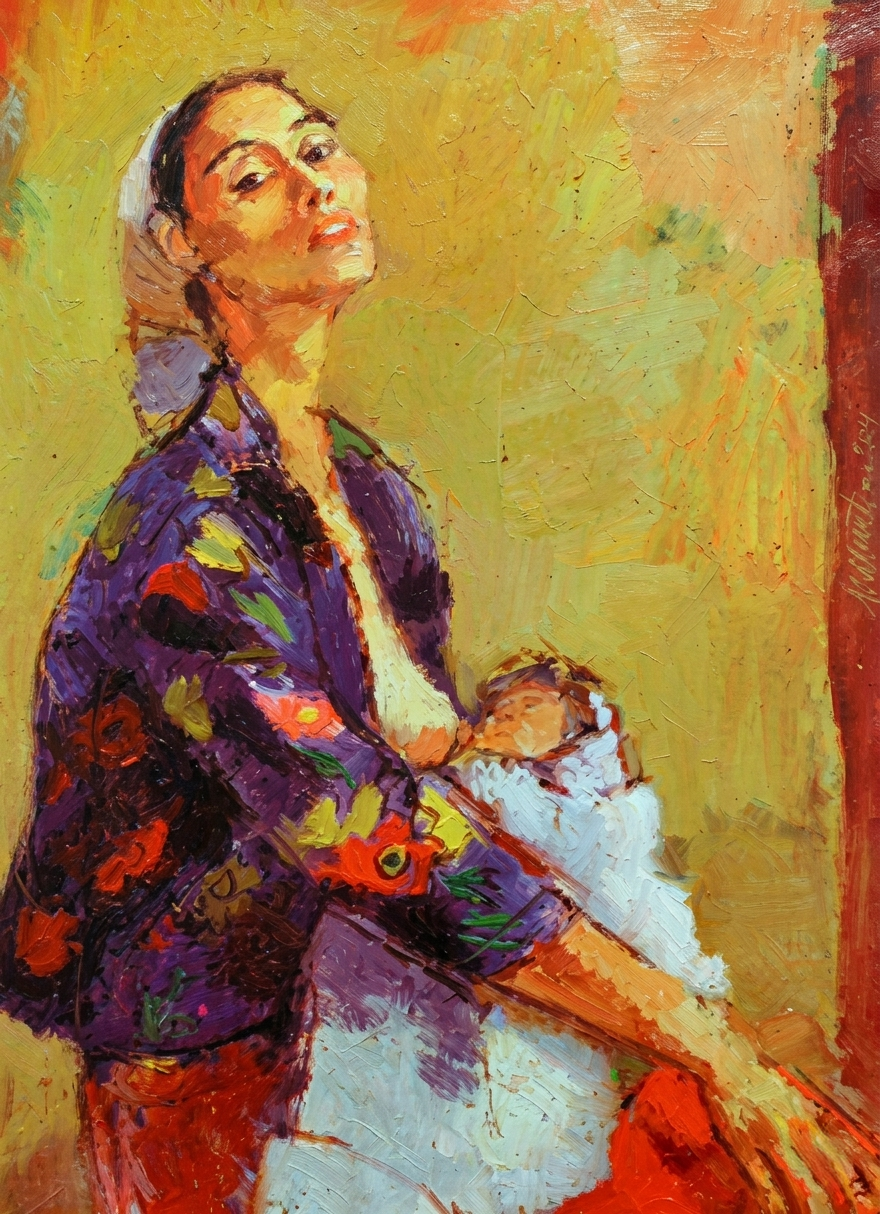 Painting by Nikola Martinoski of a seated woman holding a child